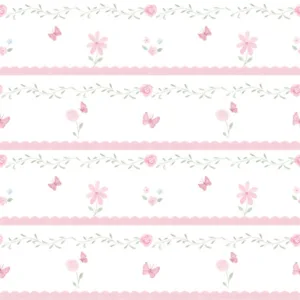 Papel de parede Little Rose em aquarela com listras e flores em quarto de bebê