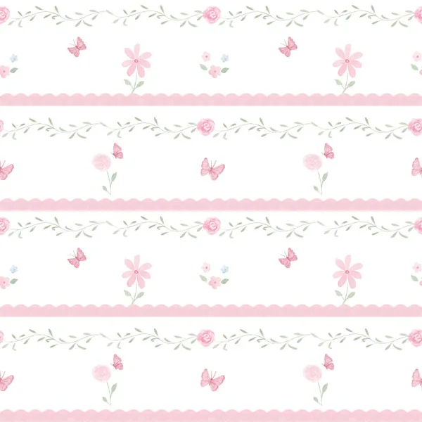 Papel de parede Little Rose em aquarela com listras e flores em quarto de bebê