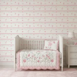 Papel de parede Little Rose em aquarela com listras e flores em quarto de bebê