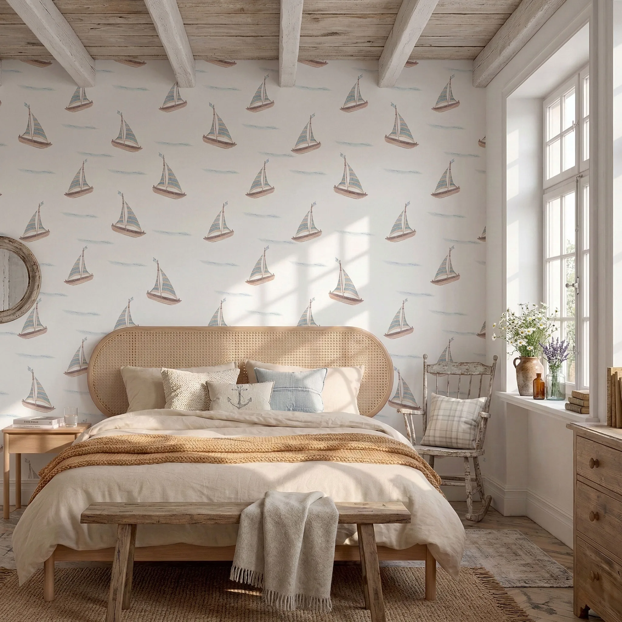 Papel de parede Vento Calmo em aquarela com estampa de barcos a vela em quarto infantil