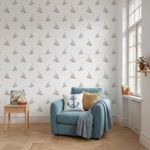 Papel de parede Vento Calmo em aquarela com estampa de barcos a vela em quarto infantil