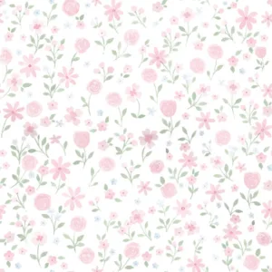 Papel de parede Sweet Rose em aquarela com estampa floral rosa em quarto de bebê
