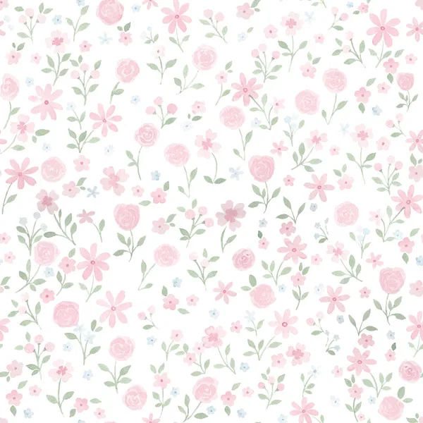 Papel de parede Sweet Rose em aquarela com estampa floral rosa em quarto de bebê